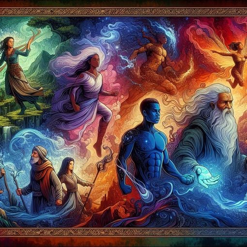 A fantasy-themed illustration depicting a mystical landscape with characters representing different strengths and weaknesses, vibrant colors, and an aura of adventure and mystery.