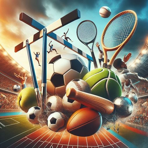 A vibrant collage of various sports equipment such as a hurdle, a soccer ball, a tennis racket, a baseball bat, and a rugby ball, set against a dynamic background of a stadium filled with cheering fans.