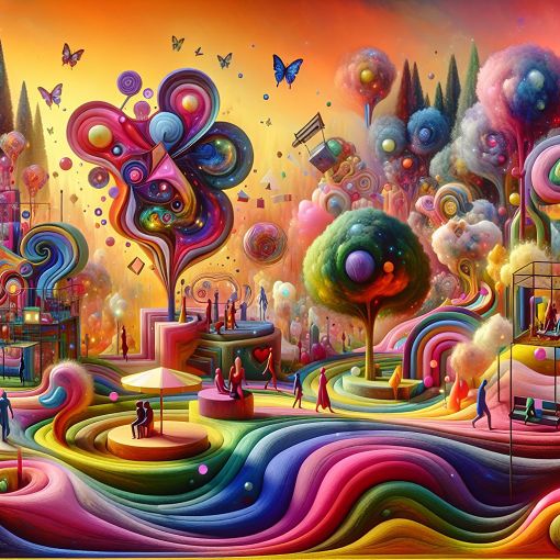 A surreal, whimsical illustration of a playful, colorful landscape with abstract representations of love, intimacy, and desire, emphasizing a light-hearted and fun tone.