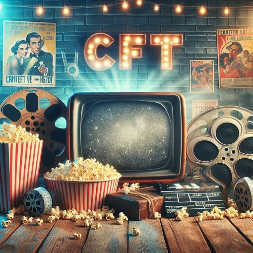 Create an image of a movie theater scene with classic film reels, popcorn, and a TV screen displaying iconic movie posters, vibrant colors, and an engaging atmosphere.