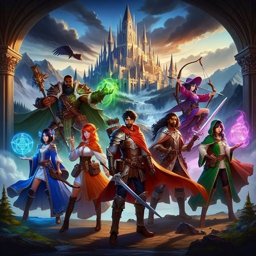 A vibrant illustration of a team of adventurers preparing for a raid in a fantasy world, featuring characters that represent different roles in a guild, with a backdrop of a towering castle and dark clouds, hinting at the challenges they face.