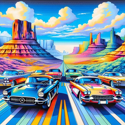 A vibrant and artistic depiction of classic cars on a vintage American road, showcasing iconic models like Mustang, Corvette, and Cadillac under a bright blue sky.