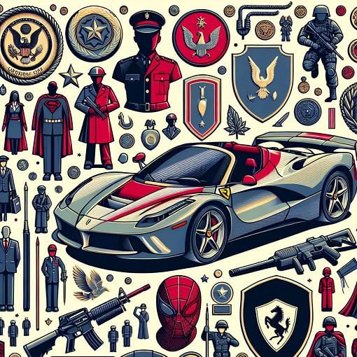 A visual representation of military symbols and pop culture references, featuring elements like military insignia, a vintage Ferrari, and iconic characters such as superheroes.