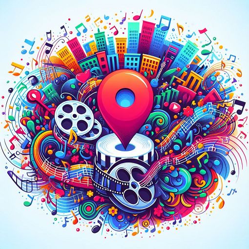 A vibrant, colorful illustration featuring elements like a film reel, music notes, and a map pin representing a city, symbolizing Sat's interests and background.