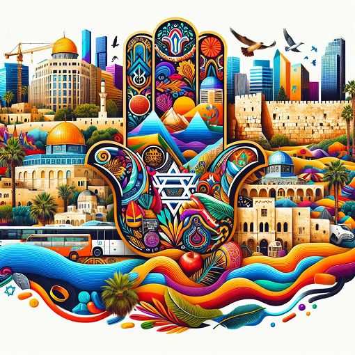 A vibrant collage representing Israel, featuring landmarks such as the Western Wall, Tel Aviv skyline, cultural symbols like the Hamsa, and images of nature such as the Dead Sea and desert landscapes.