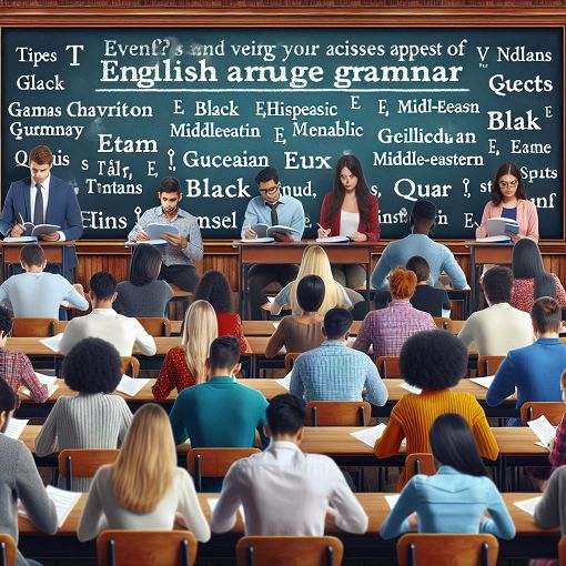 A classroom setting with students taking an English grammar quiz, featuring a blackboard with verbs and tenses written on it