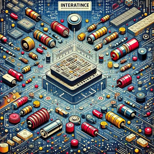 A vibrant and interactive electronics-themed background featuring resistors, capacitors, and circuit diagrams, with a central focus on a quiz interface.