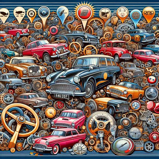 Create an illustration of a vintage car quiz setup with classic car models, automotive symbols, and a playful backdrop that represents car culture.