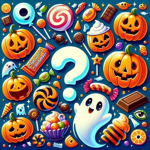 A colorful Halloween-themed quiz graphic featuring pumpkins, candies, ghosts, and icons from movies and children's books.