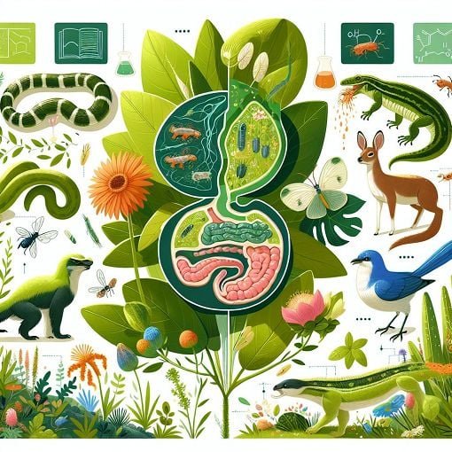 A vibrant illustration of plant and animal life processes, showcasing digestion, photosynthesis, and different types of nutrition, with an educational and engaging style.