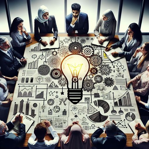 An illustrated image of a business plan document with charts and graphs, a light bulb symbolizing ideas, and diverse people collaborating around a table.