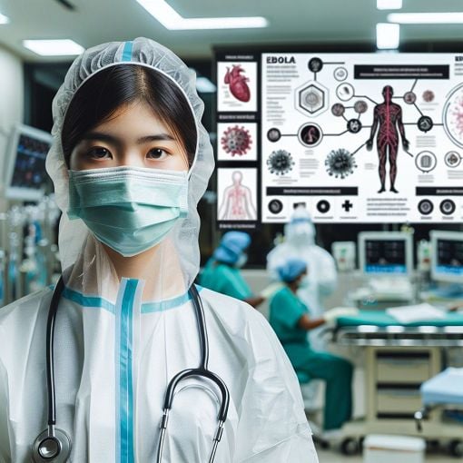 An image of a healthcare worker in full PPE, standing in an emergency department, with an Ebola virus infographic in the background.