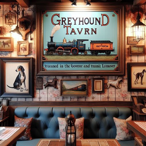 A cozy restaurant scene featuring Greyhound Tavern with a vintage feel, surrounded by decorative elements showcasing dogs and train motifs.