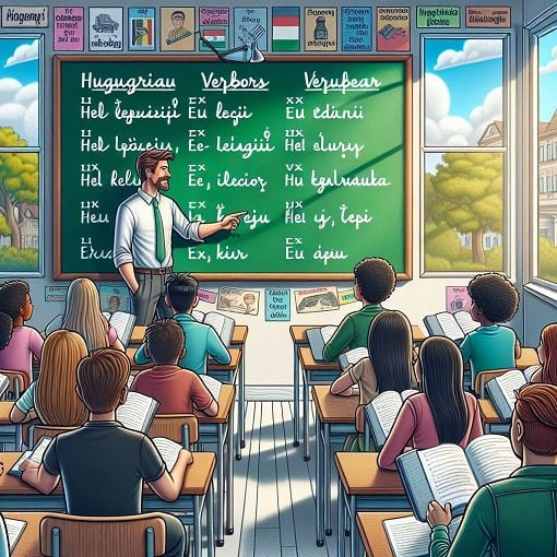 Create an educational illustration featuring Hungarian verbs with their irregular past forms, set in a vibrant classroom environment with a chalkboard showing example sentences.