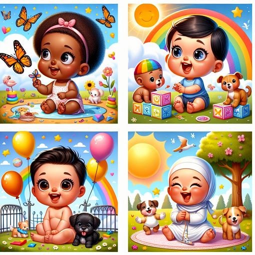 A whimsical illustration of various baby characters representing different personalities, with colorful backgrounds and playful elements.