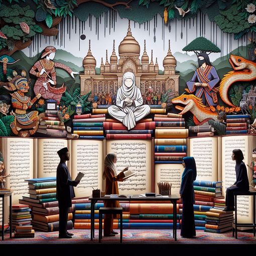 An engaging illustration depicting the importance of the Malay language and culture, featuring books, traditional elements, and a quiz setting.