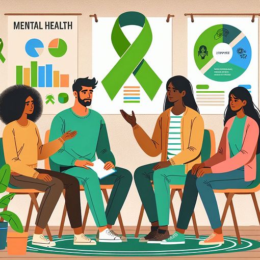 Generate an image of a diverse group of people discussing mental health topics in a supportive environment, with symbols of mental health awareness such as ribbons and informative posters in the background.