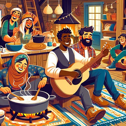 A vibrant and colorful illustration depicting a diverse group of friends in a cozy house setting, engaged in fun activities like cooking, playing music, and having lively conversations, with elements of a warm and inviting atmosphere.