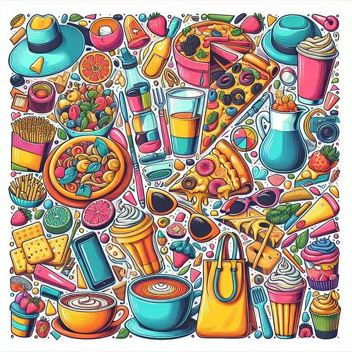 A vibrant and colorful illustration depicting various fun aspects of life, including favorite foods, drink choices, and fashion accessories, creative and playful style.