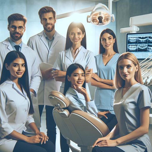 Create an image depicting a modern dental and cosmetology clinic with happy employees interacting in a clean and organized environment, showcasing teamwork and professionalism.