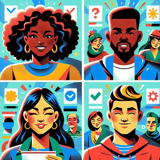 A colorful and engaging illustration showcasing diverse characters with unique traits, representing different personalities in a quiz format.