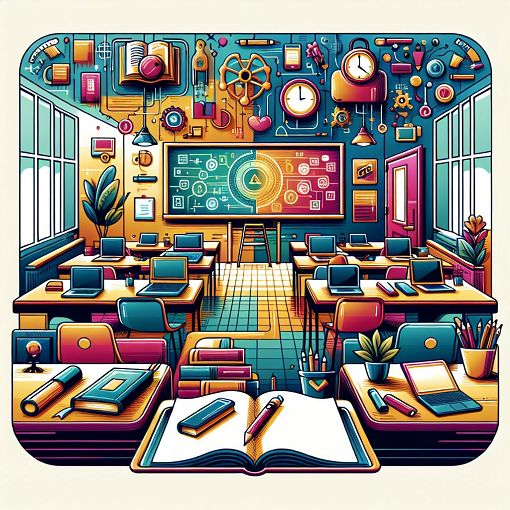 A vibrant image depicting various educational tools and resources such as textbooks, laptops, and a digital learning interface, set in a modern classroom environment.