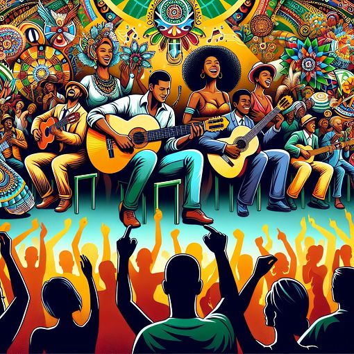 A vibrant concert scene featuring popular MPB artists with guitars and a lively audience, colorful Brazilian decorations in the background.