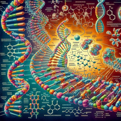 A detailed diagram of DNA, highlighting nucleotide structures and molecular interactions, with vibrant colors and educational annotations.