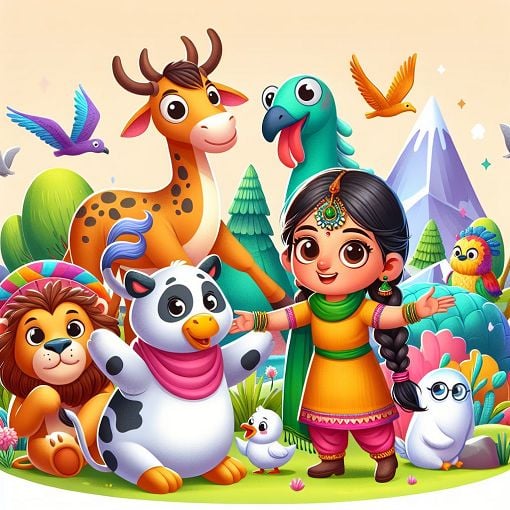 A playful and whimsical illustration of a girl surrounded by whimsical animals, with a cute cow character and colorful scenery, capturing a fun and adventurous vibe.