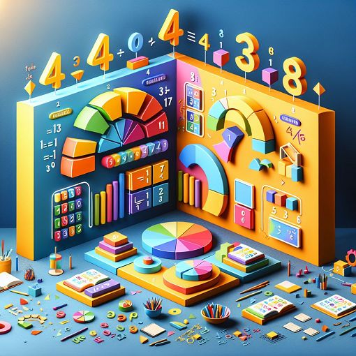 A colorful and educational illustration about fractions, showing unit fractions, non-unit fractions, and graphical representation of whole numbers, suitable for children.