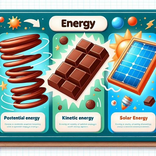 A visually engaging illustration depicting various forms of energy (like potential and kinetic energy) with elements such as a chocolate bar, a spring, and a solar panel, in a vibrant and educational style.