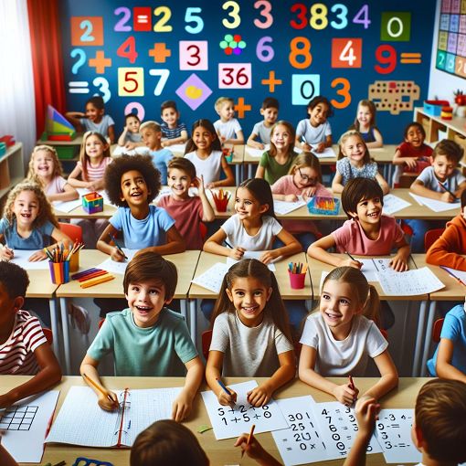 A colorful classroom scene with children happily learning math, surrounded by numbers and addition symbols.