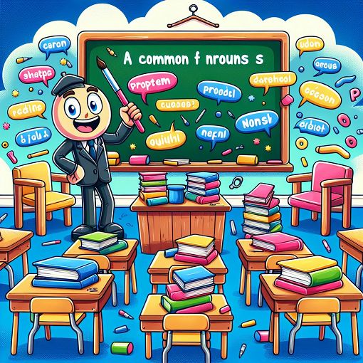 A whimsical illustration of a classroom with a chalkboard, desks, and books, focusing on common and proper nouns in French, bright and cheerful colors, cartoon style