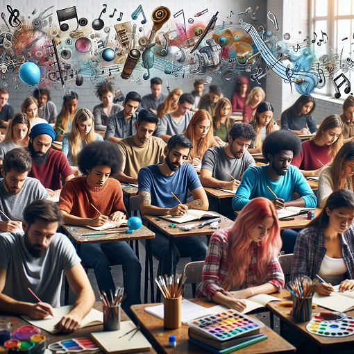 Create an image of students taking a music and arts quiz in a classroom setting, with colorful musical notes and art supplies in the background.