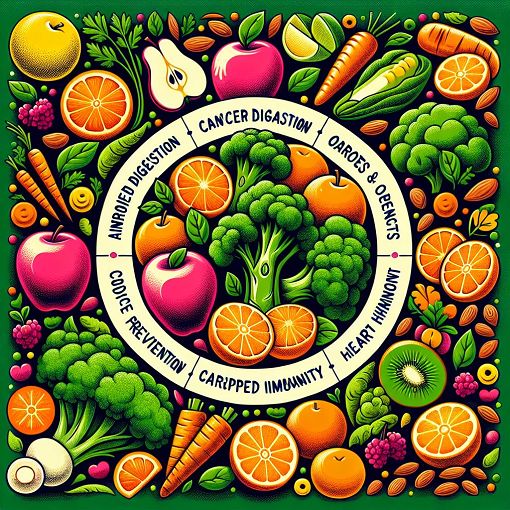 A vibrant and educational illustration depicting various nutritious foods, their health benefits, and colorful fruits and vegetables, emphasizing healthy eating and nutrition awareness.