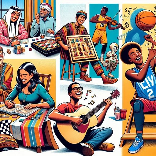 A colorful, vibrant illustration of various people with diverse personalities and hobbies, showcasing elements related to pop culture, sports, music, and humor.