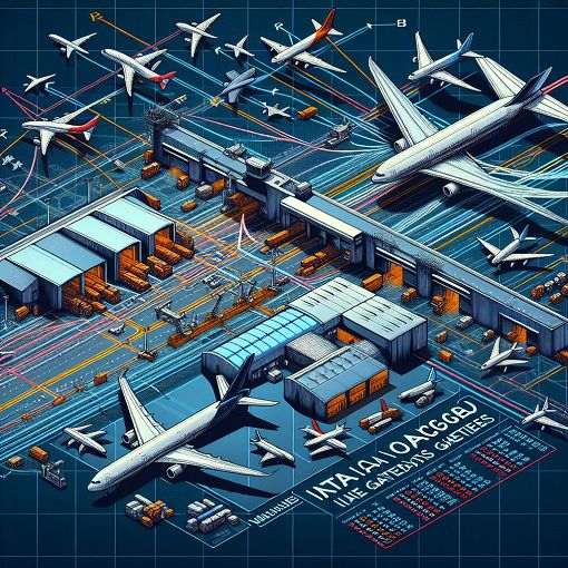 Create an informative and engaging illustration of airport codes, logistics, and air transportation with a focus on warehouses and gateways, incorporating elements like airplanes, maps, and IATA/ICAO codes.