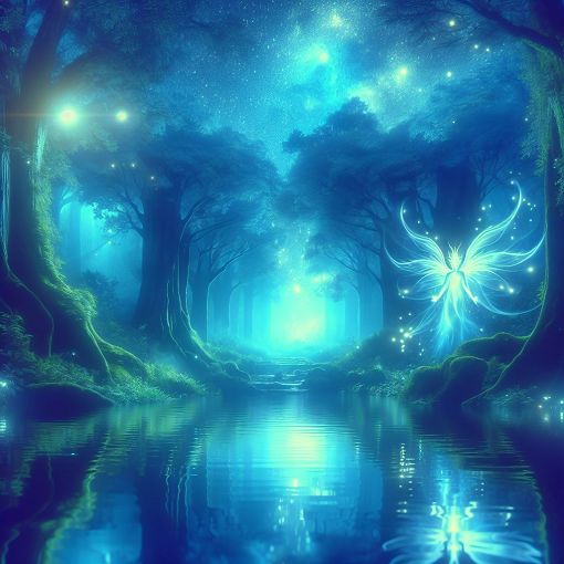 A mystical forest with a glowing mythical creature guarding a serene water body under a starry night sky, capturing the essence of fantasy and nature.