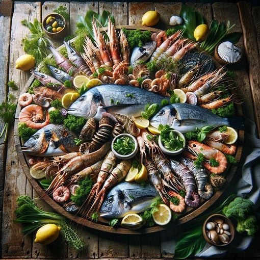 A beautifully arranged seafood platter featuring various types of fish and shellfish, set on a wooden table, with herbs and lemons around.