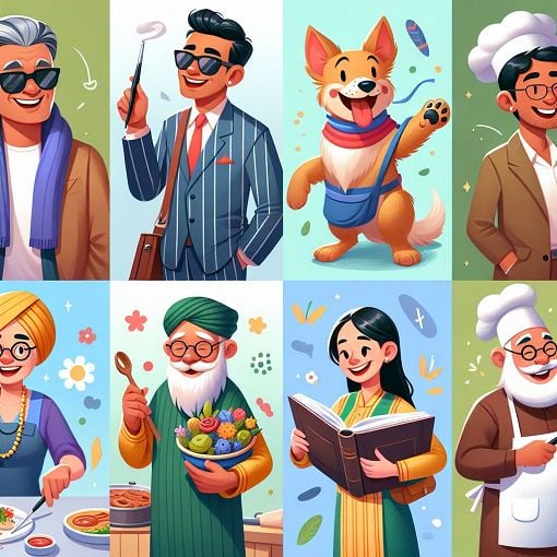 A vibrant, cartoon-style illustration of various quirky characters representing different personalities: a cool person with sunglasses, a friendly dog, a chef with an Italian dish, and a teacher with books, all interacting in a fun environment.