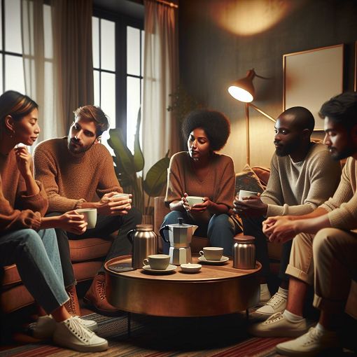 A cozy, inviting living room setting with a group of friends engaging in deep conversation over coffee, reflecting a positive social atmosphere.