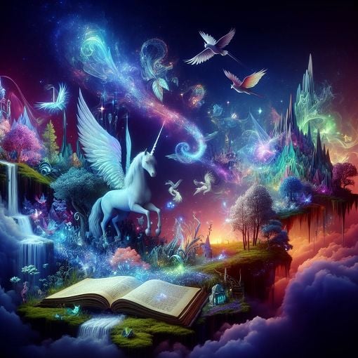 An enchanting and mystical landscape featuring elements from popular fantasy realms such as magical biomes, mythical pets, and intriguing books, with a whimsical style that embodies adventure and self-discovery.