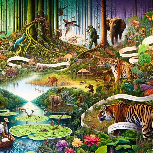 A vibrant and colorful illustration of various ecosystems, including forests, wetlands, and savannahs, showcasing diverse wildlife such as tigers, elephants, and endemic plants, with a banner that reads 'Biodiversity Conservation Quiz'.