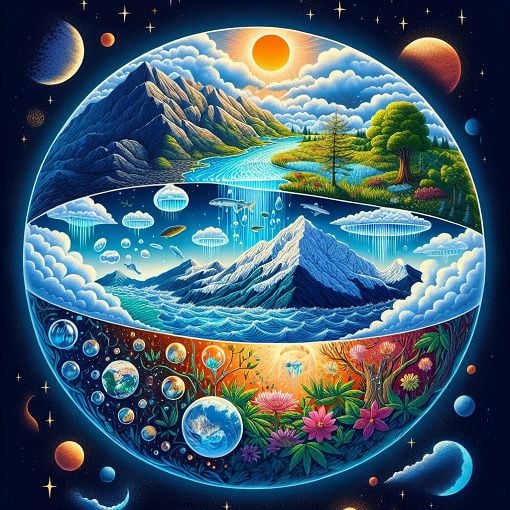 A vibrant and educational illustration showing the four spheres of Earth (geosphere, hydrosphere, biosphere, atmosphere) with their interactions, in a colorful and engaging style.