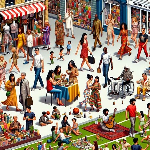 A whimsical illustration of diverse people on a street, enjoying various activities like shopping, eating, and hanging out, integrating elements like football, concerts, and quirky fashion in a vibrant urban setting.