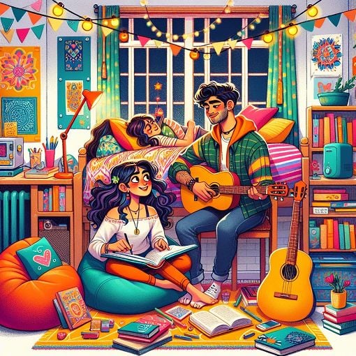 A whimsical illustration of diverse college roommates doing fun activities together in a cozy dorm room setting with vibrant colors and a playful atmosphere.