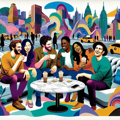 A colorful illustration of the main characters from Friends, sitting in a coffeehouse, with iconic New York City elements in the background.