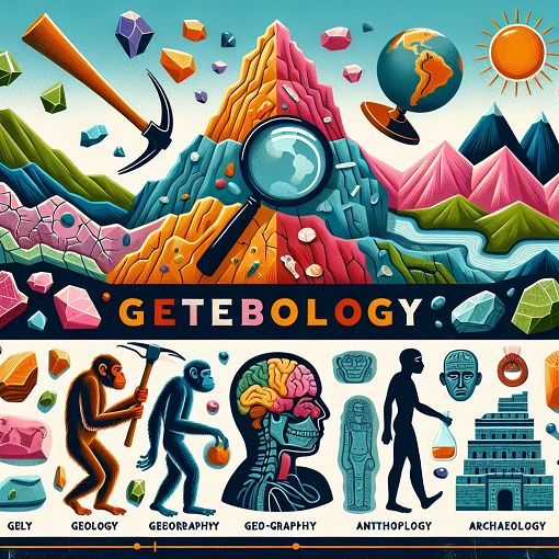 Create an image representing various auxiliary sciences with symbols of geology, geography, anthropology, and archaeology in a colorful and educational style.