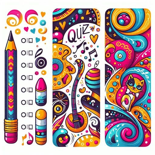 Create an image of a colorful quiz sheet with fun graphics related to a high school student's life, such as music notes, a pencil, and a cat, to represent the quiz theme.