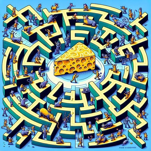 A whimsical illustration depicting a maze with cheese at the center, with characters symbolizing different reactions to change, in a bright and engaging style.